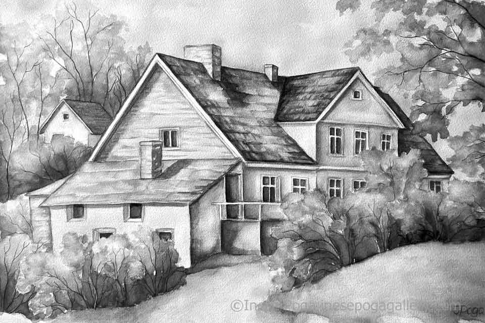 Bonito y detallado dibujo a lápiz de una casa de campo.