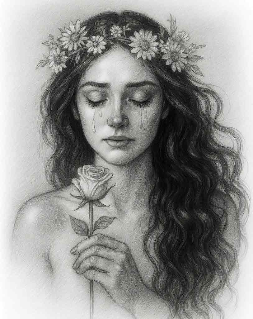 Retrato a lápiz de una chica con flor